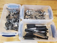 3 Containers of spoons forks knives