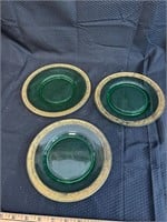 Three Green Glass w Gold Rim Plates
