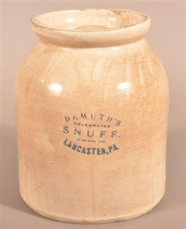 Demuth's Snuff Lanc., PA Stoneware 2-Gallon Jar.