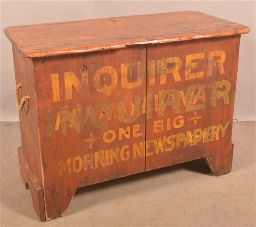 Antique Daily Inquirer Softwood Newspaper Bin.