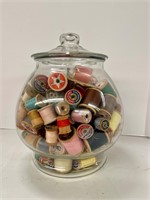 Lidded Glass Jar with Vintage Wood Spools w/Thread