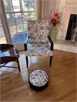 Upholstered black & white chair and foot stool
