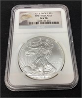 2012 SILVER AMERICAN EAGLE, MS70 BY NGC, FIRST