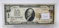 $10 National Currency Lincoln N.B. 1929 T.2
