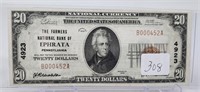 $20 National Currency Farmers N.B.  Ephrata  1929