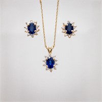 14k Gold Sapphire Diamond halo Earring Pendant Set