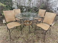 BAMBOO AND RATTAN GLASS TOP TABLE AND 4 CHAIRS