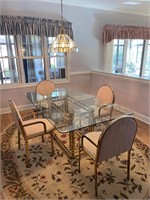 Mid century brass dining room table & heavy chairs