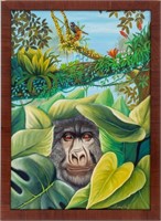 Illegibly Signed Jungle Scene with Gorilla Acrylic