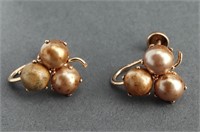 Vintage 10K Yellow Gold Triple Pearl Earrings