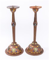 Secessionist Enamel Cooper Candle Prickets, Pair
