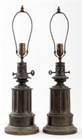 Electrified Brass Oil Lamps, Pair