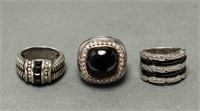 Group of Silver Onyx & Clear Stone Rings, 3