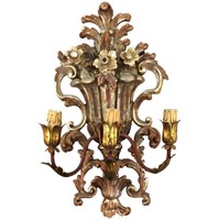 Italian Hollywood Regency Floral Wood 3-Arm Sconce