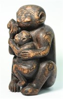 Carved Wood Monkey, Infant & Peach Sculpture