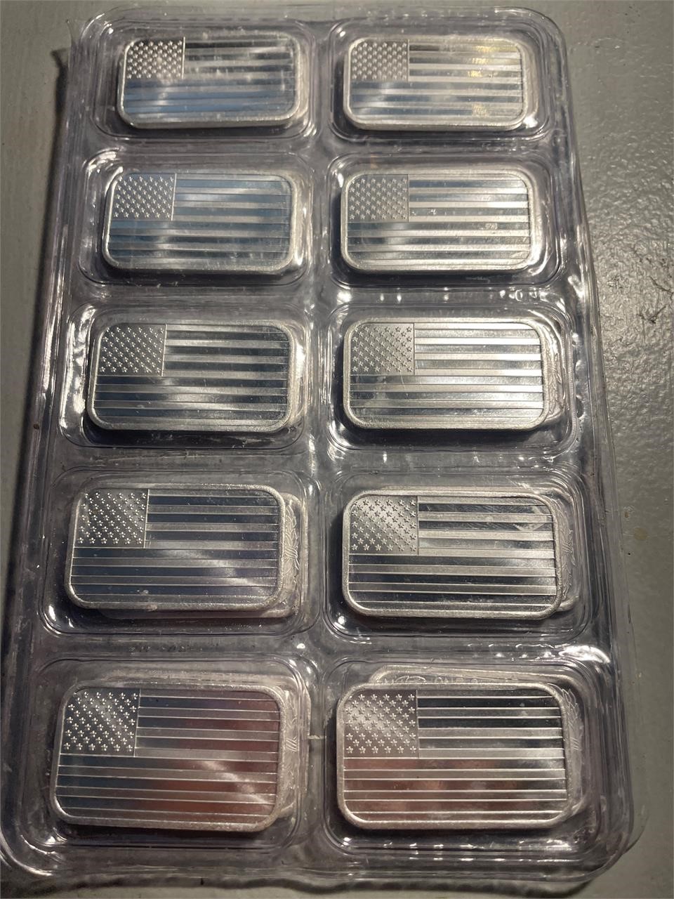 Quantity of (10) 1 Ounce Silver American Flag Bars