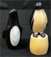 TWO CHARMING CARVED STONE & BONE PENGUIN