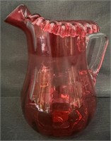 ANTIQUE CRANBERRY GLASS PITCHER W CRIMPED EDGE