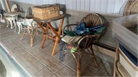 Wooden chair, table, and basket w/contents