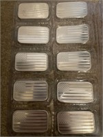 Quantity of (10) 1 Ounce Silver American Flag Bars
