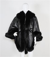 Leather and Fox Fur Trim Black Cape Finland - Med