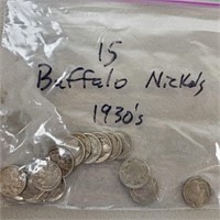 15ct Buffalo Nickels 1930s
