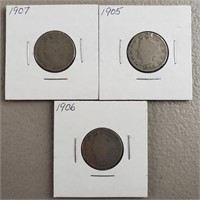 3ct V Nickels 1905, 1906 & 1907