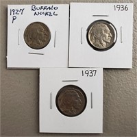 3ct Buffalo Nickels 1927 P, 1936 & 1937