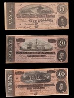 Three U.S. Confederate Uncirculated Currency Notes