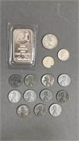15pc Silver & Vintage Coins + Ingot