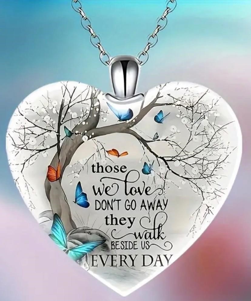 Silver tone necklace heart butterflies tree