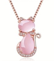 Pink stone cat lovers necklace rose gold look
