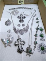 Large Silvertone Pendants, Bracelets and Earrings