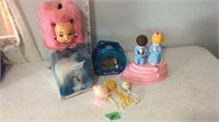 Misc lot w/ vintage baby rattles, 2 tissue box