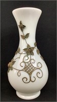 Vintage White Opal Glass & Brass Overlay Vase