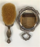 Antique Engraved Gertrude Brush & Mirror Set