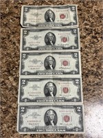 (3) 1953 RED SEAL $2 NOTES & (2) 1963 RED SEAL $2