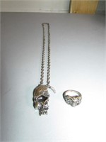 Silver Toned Skull Necklace, and Ring