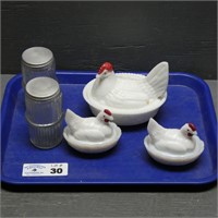 (3) Milk Glass Chickens on the Nest - Hoosier Jars