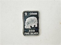 1 gram Silver Bar - Hippopotamus, .999 Fine