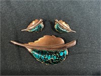 VTG Copper & Enamel Matisse Brooch & Earrings