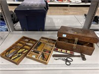 Vintage wood tool chest with contents.