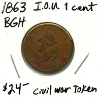 1863 U.S. Civil War Patriotic Token - IOU 1 Cent