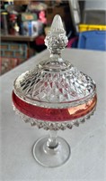 Indian Glass Diamond Point Clear & Red Candy Dish