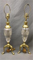 Pair Czech Republic Hand Cut Crystal & Brass Lamps