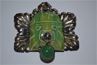 Vintage Jade and Sterling Silver Brooch Leaf Form