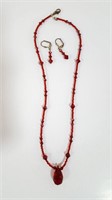 Vintage Ruby-Red Beaded Necklace, Pierced Earrings