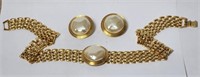Mesh Choker Necklace Earrings Faux Pearl Gold Tone