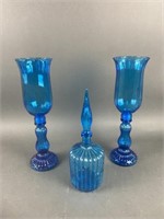 Vintage MCM Cobalt Blue Candle Holders & Decanter