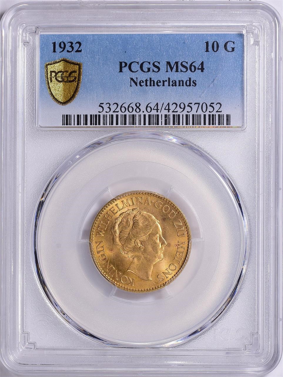 Netherlands 1932 Gold 10 Gulden PCGS MS-64
